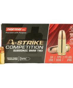 Norma A-Strike Subsonic Ammunition 9mm Luger 158gr TMJ 838 fps 50/ct