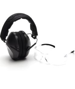 Pyramex Low Profile Combo Kit Passive Black Ear Muff 24dB Clear Shooting Glasses Clear with Clear Lens